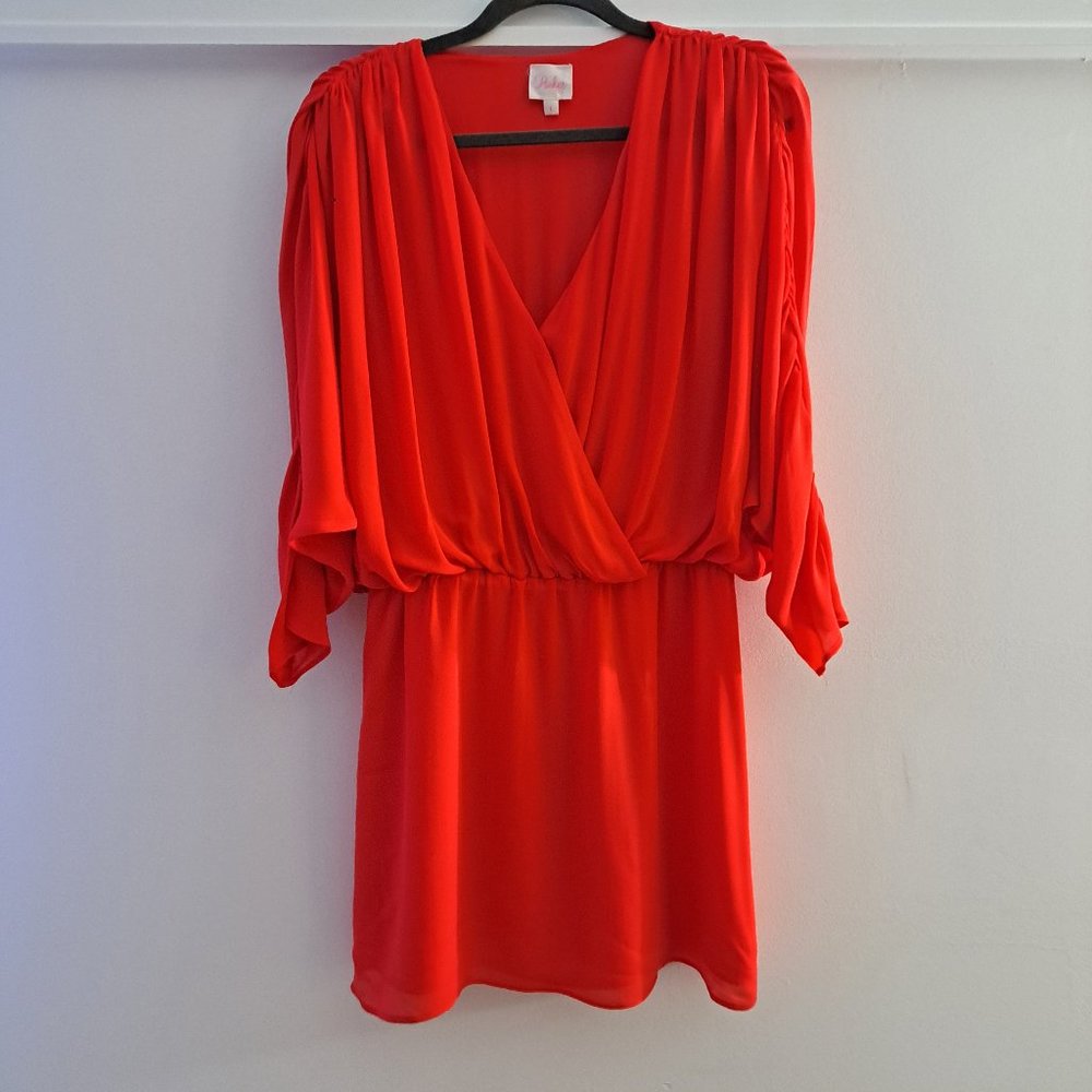 Parker Red Silk Plunge Ruched Sleeve Mini Dress - Picture 4 of 11